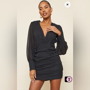 Black Long Sleeve Chiffon Ruched Bodycon Dress